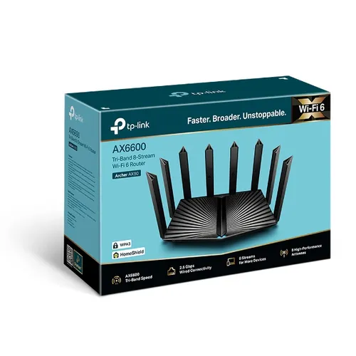 TP-Link Archer AX90 | Enrutador Wi-Fi | WiFi6, AX6600, doble banda, 4x RJ45 1000Mb/s, 1x RJ45 2.5Gb/s Maksymalna prędkość transmisji bezprzewodowej6600Mb/s