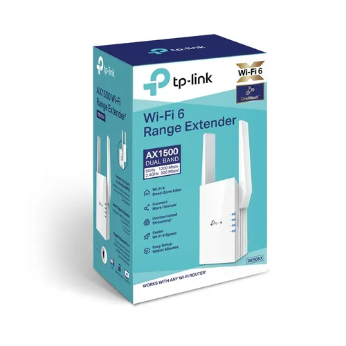 TP-Link RE505X | Zesilovač signálu WiFi | AX1500, Dual Band, 1x RJ45 1000Mb/s Ilość portów LAN1x [10/100/1000M (RJ45)]
