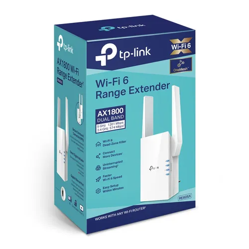 TP-Link RE605X | Wzmacniacz sygnału WiFi | AX1800, Dual Band, 1x RJ45 1000Mb/s Maksymalna prędkość transmisji bezprzewodowej1800 Mb/s