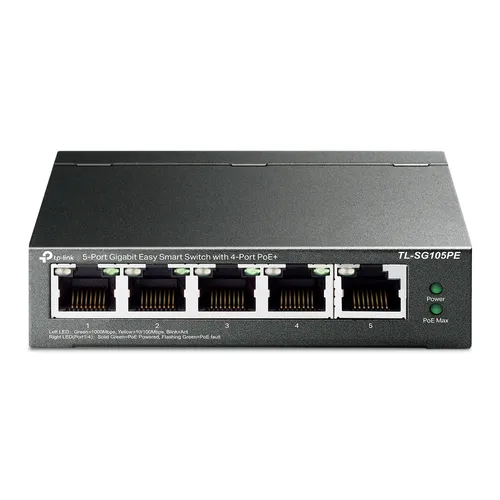 TP-Link TL-SG105PE Switch, 5x RJ45 1000Mb/s, 4x PoE+, 65W, Masaüstü Ilość portów LAN5x [10/100/1000M (RJ45)]
