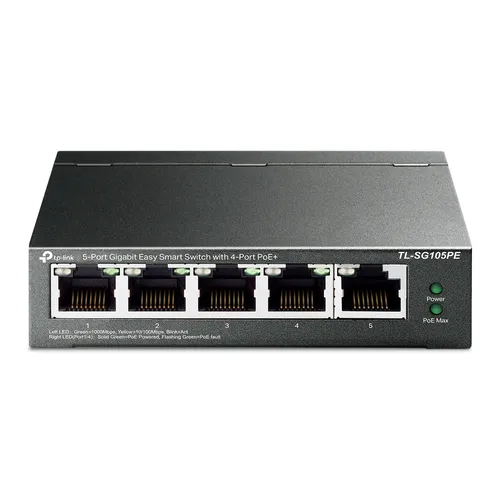 TP-Link TL-SG105PE | Přepínač | 5x RJ45 1000Mb/s, 4x PoE+, 65W, Desktop Ilość portów LAN5x [10/100/1000M (RJ45)]
