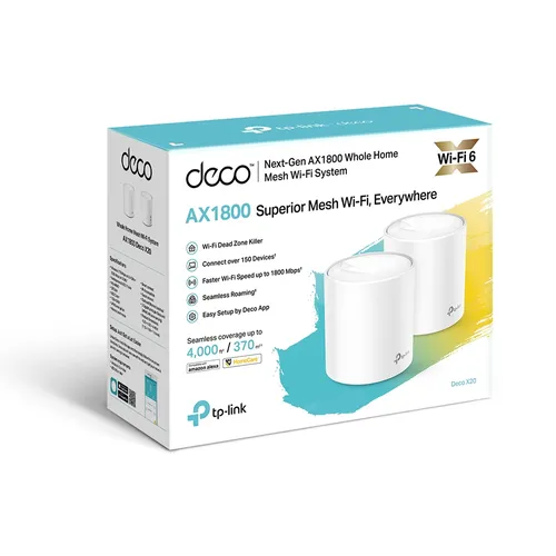 TP-Link Deco X20 2-Pack | Router WiFi | Mesh, AX1800, Dual Band, OFDMA, MU-MIMO, 2x RJ45 1000Mb/s CertyfikatyCE, FCC, IC, NCC, BSMI, IDA, RCM, JPA, JRF, VCCI, KC, RoHS