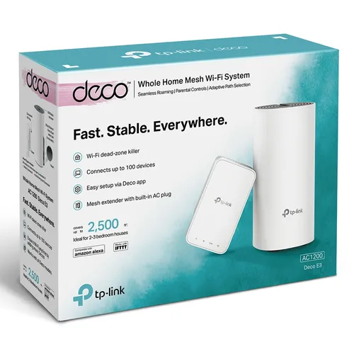 TP-Link Deco E3 | Router WiFi | AC1200, Dual Band, Mesh, RJ45 100Mb/s Częstotliwość Wi-FiDual-band (2.4 GHz/5 GHz)