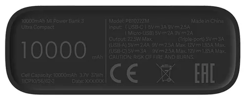  Mi Ultra Compact - Banco de energía de 10000 mAh, 3.0 A, 22.5  W, 37 Wh, carga 3 dispositivos a la vez a través de 2 puertos USB, 1 puerto  USB-C