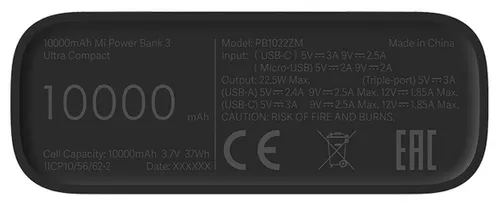 Xiaomi Mi Power Bank 3 Ultra Compact Schwarz | Ladegerät | 10000 mAh, PB1022ZM Diody LEDStatus