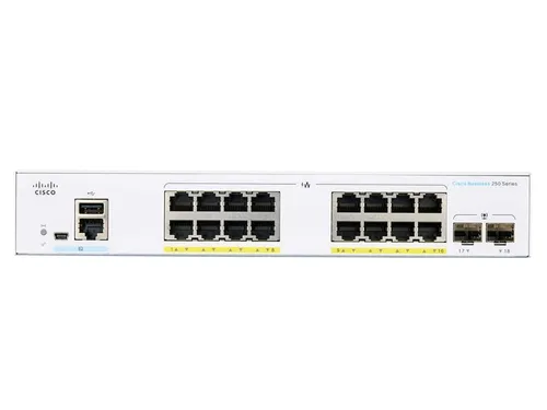 Cisco CBS250-16P-2G | Switch | 16x RJ45 1000Mb/s PoE, 2x SFP, Desktop, Rack, 120W Ilość portów LAN16x [10/100/1000M (RJ45)]
