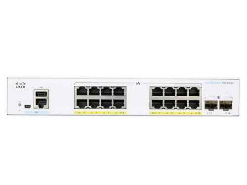 Cisco CBS250-16P-2G | Switch | 16x RJ45 1000Mb/s PoE, 2x SFP, Desktop, Rack, 120W Ilość portów LAN16x [10/100/1000M (RJ45)]
