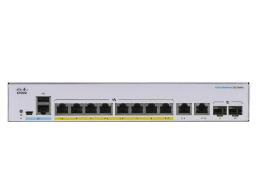 Cisco CBS250-8FP-E-2G | Switch | 8x RJ45 1000Mb/s PoE, 2x RJ45/SFP Combo, 120W Ilość portów LAN2x [1G Combo (RJ45/SFP)]
