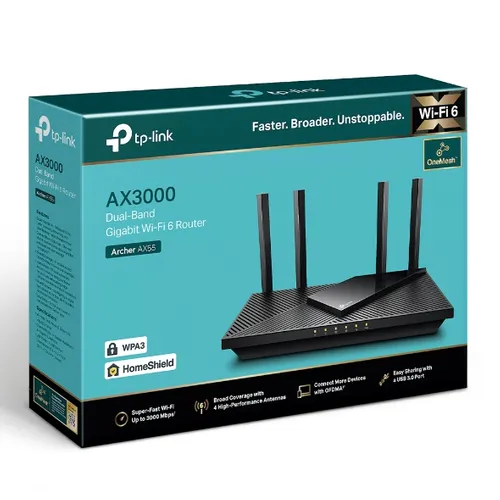 TP-Link Archer AX55 | WLAN-Router | WiFi6, AX3000, Dualband, 5x RJ45 1000Mb/s Ilość portów LAN4x [10/100/1000M (RJ45)]
