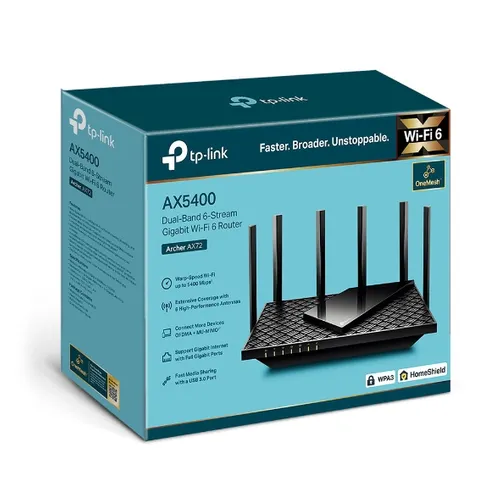 TP-Link Archer AX72 | Router Wi-Fi | WiFi6, AX5400, doppia banda, 5x RJ45 1000 Mb/s Ilość portów WAN1x 10/100/1000BaseTX (RJ45)