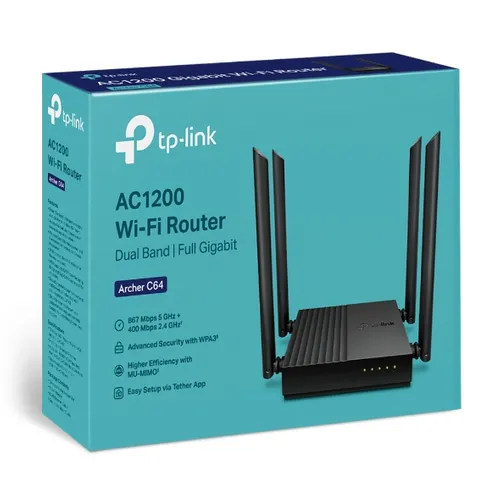 TP-Link Archer C64 | Roteador Wi-Fi | AC1200 Wave2, MU-MIMO, Dual Band, 5x RJ45 100Mb/s Częstotliwość Wi-FiDual-band (2.4 GHz/5 GHz)