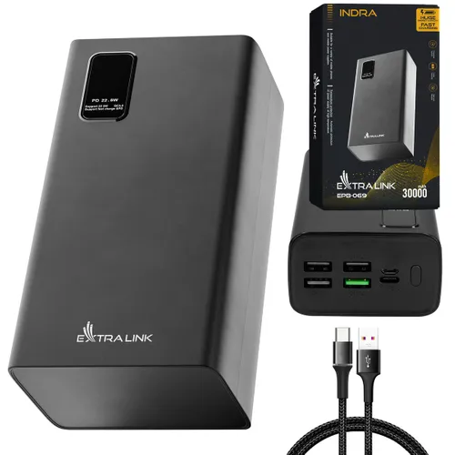 Extralink EPB-069 30000mAh Czarny | Powerbank | Power bank, Fast Charging, USB-C Bezprzewodowe ładowanieNie