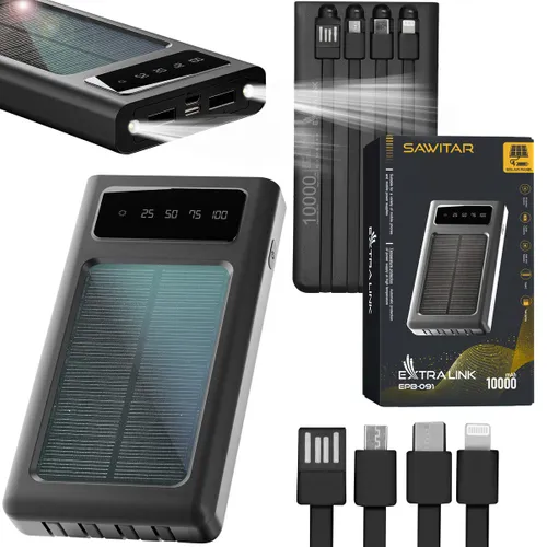 Extralink EPB-091 10000mAh Nero | Powerbank | Solar Power bank, USB-C Automatyczne wyłączanie zasilaniaTak