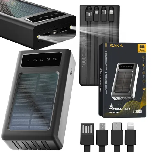 Extralink EPB-092 20000mAh Černá | Powerbank | Solar Power bank, USB-C Bezprzewodowe ładowanieNie