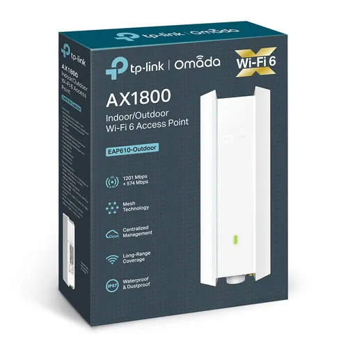 TP-Link EAP610-Outdoor | Access point | MU-MIMO, AX1800, Dual Band, 1x RJ45 1000Mb/s, IP67 Standard sieci LANGigabit Ethernet 10/100/1000 Mb/s