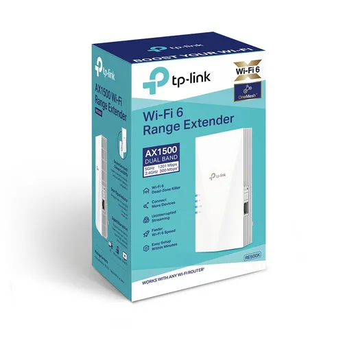 TP-Link RE500X WiFi Sinyal Genişletici, AX1500, Çift Bant, 1x RJ45 1000Mb/s Maksymalna prędkość transmisji bezprzewodowej1500 Mb/s