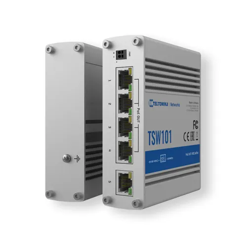 Teltonika TSW101 | Switch PoE+ | 5x RJ45 1000Mb/s, 4x PoE+, 60W Obsługiwany typ Power over Ethernet (PoE)Passive PoE