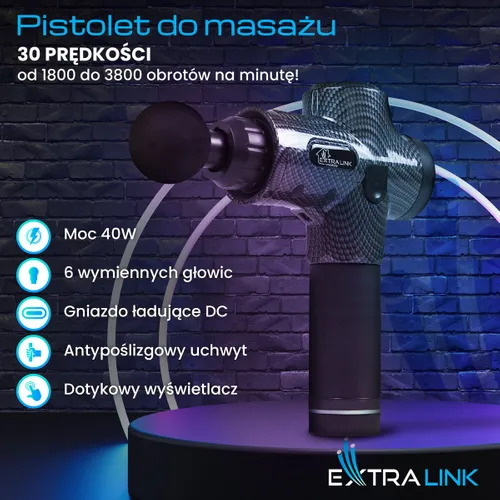 Extralink Massage Gun Pro | Pistolet do masażu | 3800 RPM, 6 końcówek wymiennych Głębokość produktu240