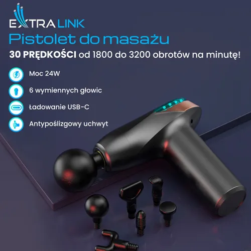 Extralink Massage Gun Lite | Pistolet do masażu | 3200 RPM, 6 końcówek wymiennych Kolor produktuCzarny