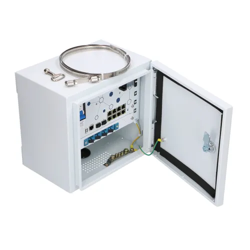 Extralink Minos | Zewnętrzny switch PoE | 8x RJ45 1000Mb/s PoE, 2x SFP, 200W, L2, aktywne chłodzenie Funkcje DHCPDHCP client, DHCP relay, DHCP server