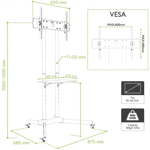Techly | Мобильная подставка под телевизор | TV, LED, LCD, 30-65 дюймов, 60 кг, 150cm, Регулируемый Kompatybilność rozmiaru ekranu762 - 1651