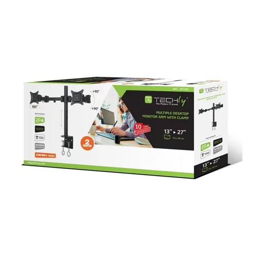Techly | Masaüstü monitör kolu | iki monitör için 13-27 inç 20kg Kąt obrotu360