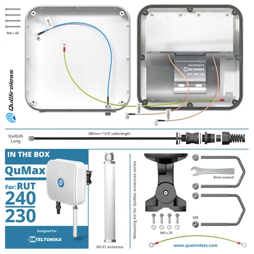 QuWireless QuMax A240M | LTE + Wi-Fi Antenne | für Teltonika RUT241/RUT240/200/230 Pasmo częstotliwości0.694-0.96/1.7-2.2/2.2-2.7; 2.4-2.5/4.7-6