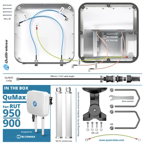 QuWireless QuMax A950M | LTE + Wi-Fi anténa | pro Teltonika RUT951/RUT950/RUT900 Materiał obudowyKopolimer akrylonitrylo-butadieno-styrenowy (ABS), Aluminium