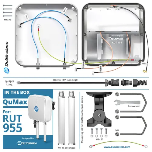 QuWireless QuMax A955M | LTE + Wi-Fi + GPS Antena | para Teltonika RUT956/RUT955 Pasmo częstotliwości0.694-0.96/1.7-2.2/2.2-2.7; 2.4-2.5/4.7-6