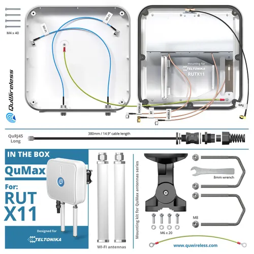QuWireless QuMax AX11M | Antenna Wi-Fi + LTE + GPS + Bluetooth | per Teltonika RUTX11 Materiał obudowyKopolimer akrylonitrylo-butadieno-styrenowy (ABS), Aluminium