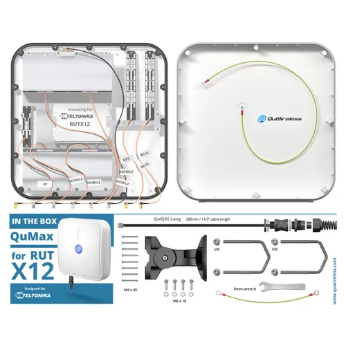 QuWireless QuMax AX12M | Wi-Fi + LTE + GPS + Bluetooth anténa | pro Teltonika RUTX12/RUTX14 Materiał obudowyKopolimer akrylonitrylo-butadieno-styrenowy (ABS), Aluminium