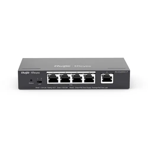 Ruijie Reyee RG-ES205GC-P | Switch | 5x RJ45 1000Mb/s, 4x PoE+, 54W, gestione cloud Ilość portów LAN5x [10/100/1000M (RJ45)]
