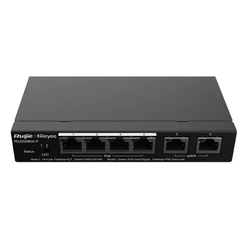 RUIJIE RG-ES206GC-P 6 PORTS GIGABIT SMART CLOUD MANANGED POE SWITCH, 4X POE+, 2X UPLINK, 54W Ilość portów LAN6x [10/100/1000M (RJ45)]
