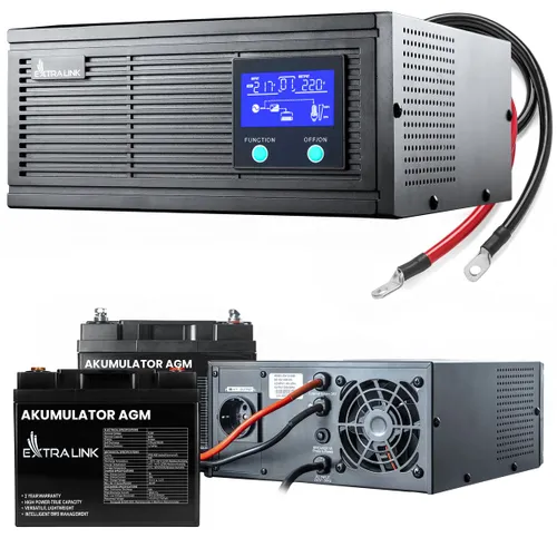 Extralink Piorun 1200VA/1000W Inverter + 2x Extralink AGM 12V 40Ah Battery Set | UPS | Pure sine wave, 12VDC battery voltage + maintenance free 0