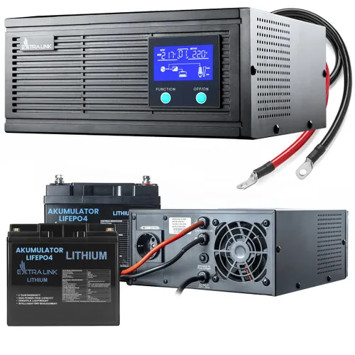 Extralink Piorun 1500VA/1200W Inverter + 2x Extralink LiFePO4 12.8V 200Ah Battery Set | UPS | Pure sine wave, 12.8VDC battery voltage + maintenance free 0