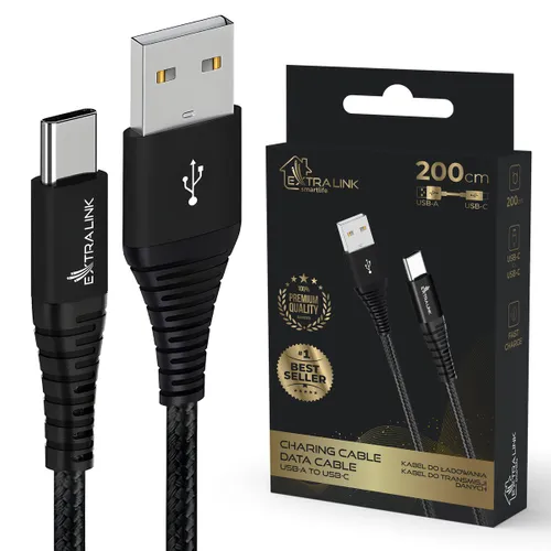 Extralink Smart Life Braided 15W USB Type-A to Type-C 2m Preto | Cabo USB | 5V 3A 0