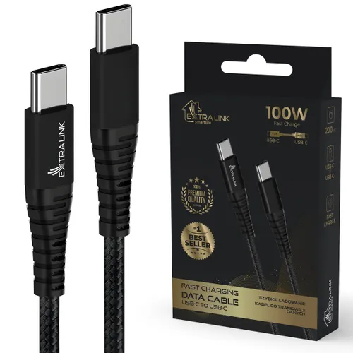 Extralink Smart Life Braided 100W USB Type-C to Type-C 2m Black | USB Type C Cable | 480 Mbps, 20V 5A 0