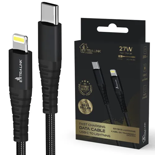 Extralink Smart Life USB Type-C to Lightning Cable Braided Czarny | Kabel USB-C - Lightning | 27W, 200cm 0