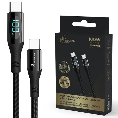 Extralink Smart Life USB Type-C to Type-C Cable Braided Czarny z wyświetlaczem LED | Kabel USB-C | 100W, 200cm 0