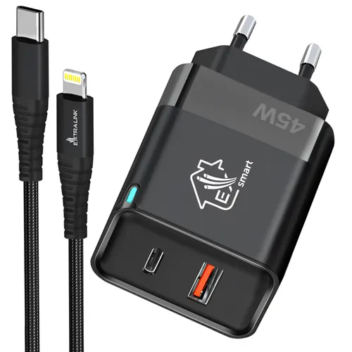 Extralink Smart Life Set 45W GaN Charger 1x USB-C 1x USB-A + USB-C to Lightning Cable 27W, 200 cm 0