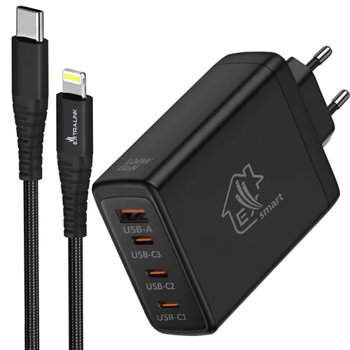 Kit Extralink Smart Life Cargador 100W GaN 3x USB-C 1x USB-A + Cable USB-C a Lightning 27W, 200 cm 0