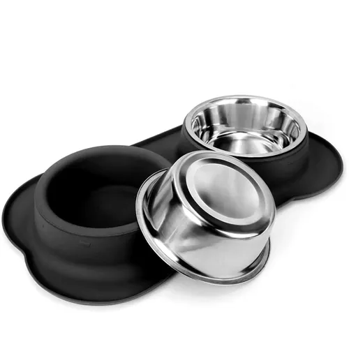 EXTRALINK PETS PODWÓJNA MISKA DLA PSA KOTA METALOWA ANTYPOŚLIZGOWA 2 MISKI + PODKŁADKA PET-836 0
