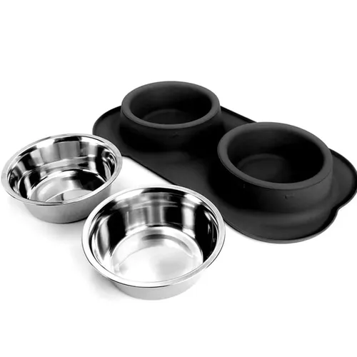 EXTRALINK PETS PODWÓJNA MISKA DLA PSA KOTA METALOWA ANTYPOŚLIZGOWA 2 MISKI + PODKŁADKA PET-836 1