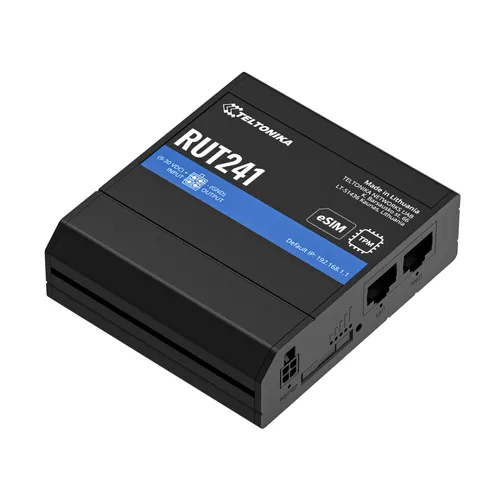 Teltonika RUT241 eSIM | Router industriale 4G LTE | Cat 4, 2x RJ45 100Mb/s, eSIM Diody LEDTransfer danych, LAN, Zasilanie, Sieć WAN