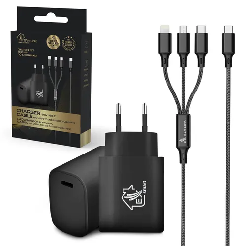 Extralink Smart Life SET03 | Kablo 3'ü 1 arada + Şarj Cihazı | 12W, 120cm / 20W PD3.0 5V/3A 9V/2.2A 12V 1.67A (siyah) 0