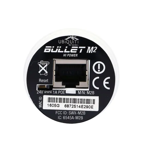 Ubiquiti BM2HP | Dispositivo do cliente | Bullet M2 HP, 2,4 GHz, 1x RJ45 100 Mb / s CertyfikatyETSI300-019-1.4, FCC Part 15.247, IC RS210, CE, RoHS