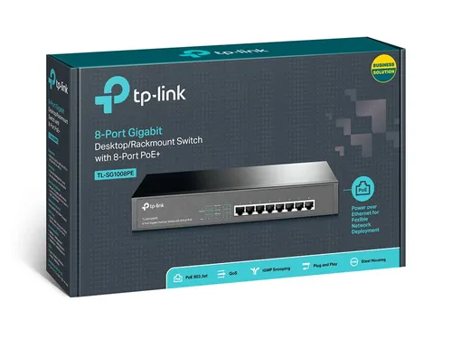 TP-Link TL-SG1008PE | Switch | 8x RJ45 1000Mb/s, 8x PoE+, 124W, Rack Ilość portów PoE8x [802.3af/at (1G)]
