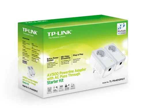 TP-Link TL-PA4010P KIT | Линия питания | AV500, 1x RJ45 100 Мбит / с, Встроенная розетка питания, Два адаптера Certyfikat środowiskowy (zrównoważonego rozwoju)RoHS