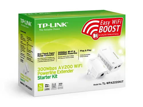 TP-Link TL-WPA2220 KIT | Power Line | N300, 2,4GHz, AV200, 2x RJ45 100Mb/s, Dwa adaptery Maksymalna prędkość transmisji bezprzewodowej300 Mb/s