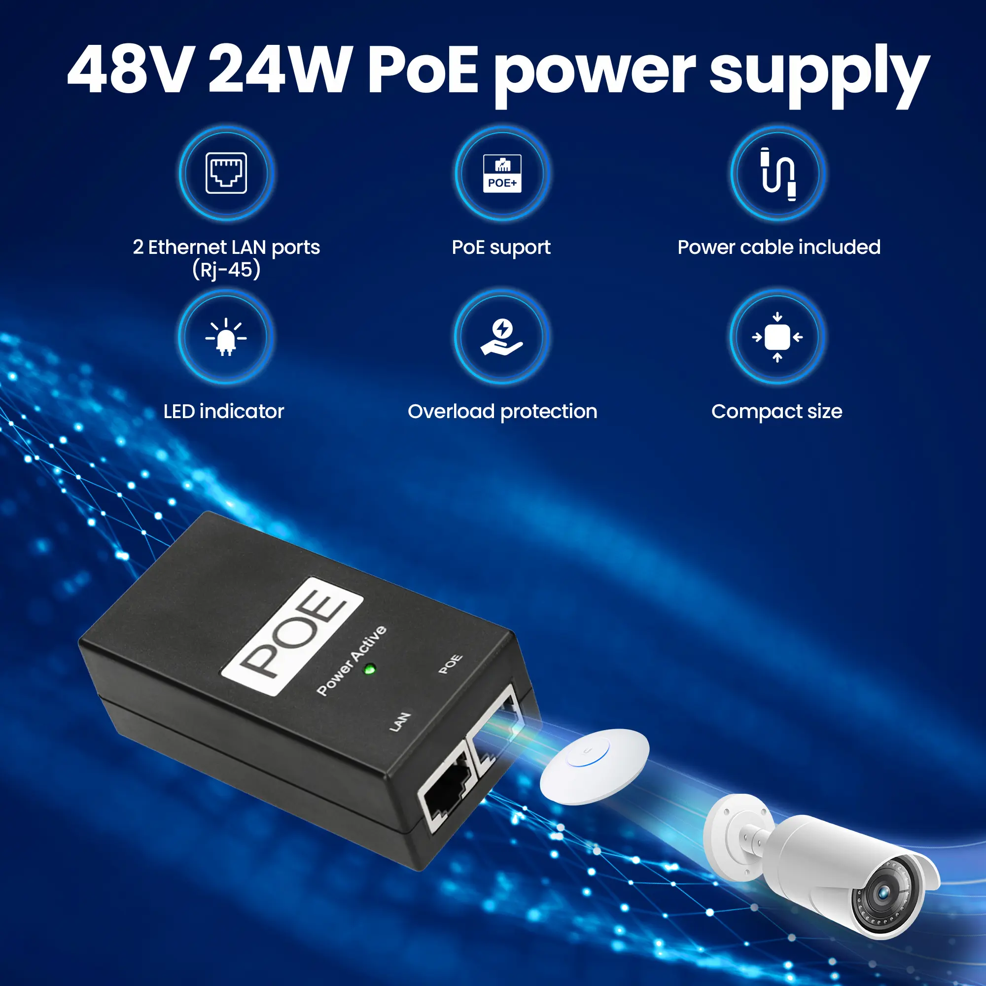 EXTRALINK POE-48-24W 48V 24W 0.5A POWER ADAPTER WITH AC CABLE